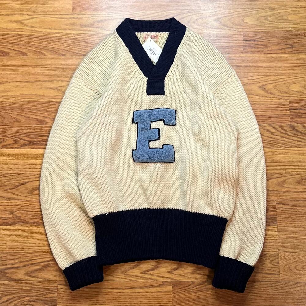 Vtg 1950s Virgin Wool Letterman Sweater Chenille E Patch Collegiate Ivy Men's L